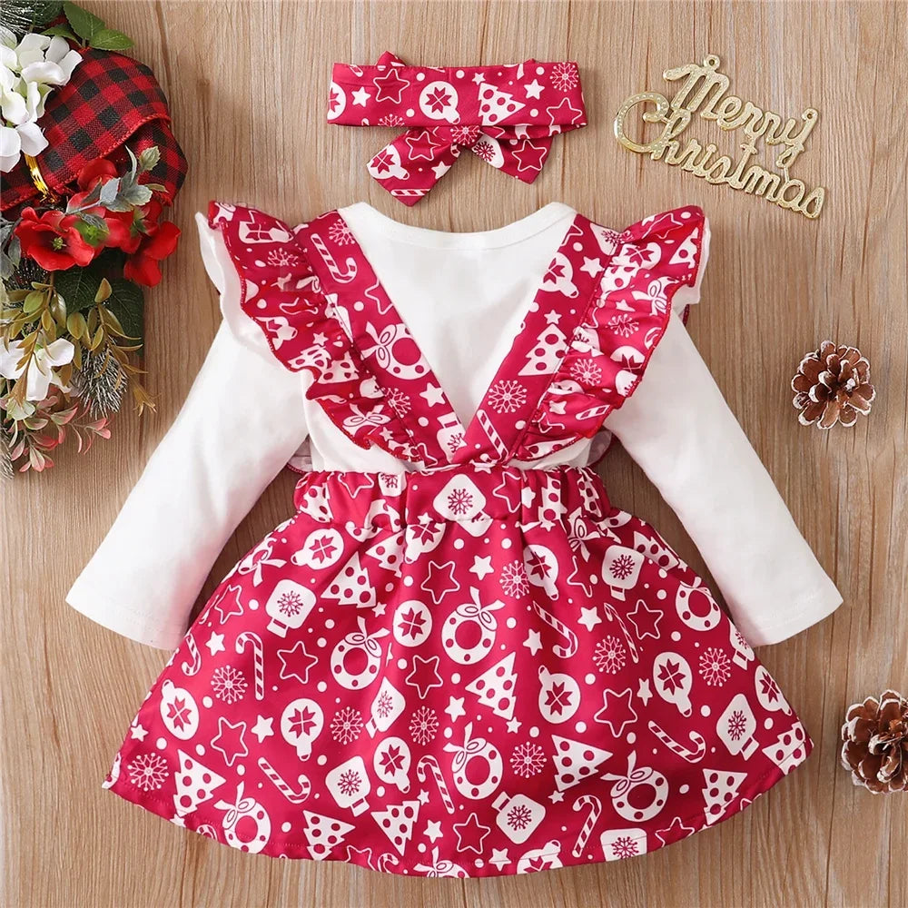 0-18 Months Newborn Baby Girl Christmas 3PCS Costume Set Romper+Suspender Skirt+Headwear Skirt Set New Year Wear for Toddler