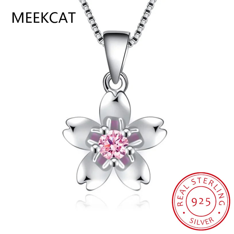 925 Sterling Silver cherry blossom Necklaces & Pendants For Women Fashion Lady Festival Gift Sterling-silver-jewelry