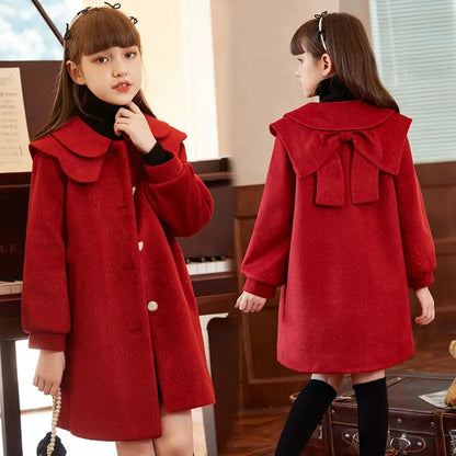 6-15 Kids Cotton Padded Thick Woolen Dress Jacket Girls Winter Cute Red Long Coat Teenager Girls Fashion Outerwear 14 clothes