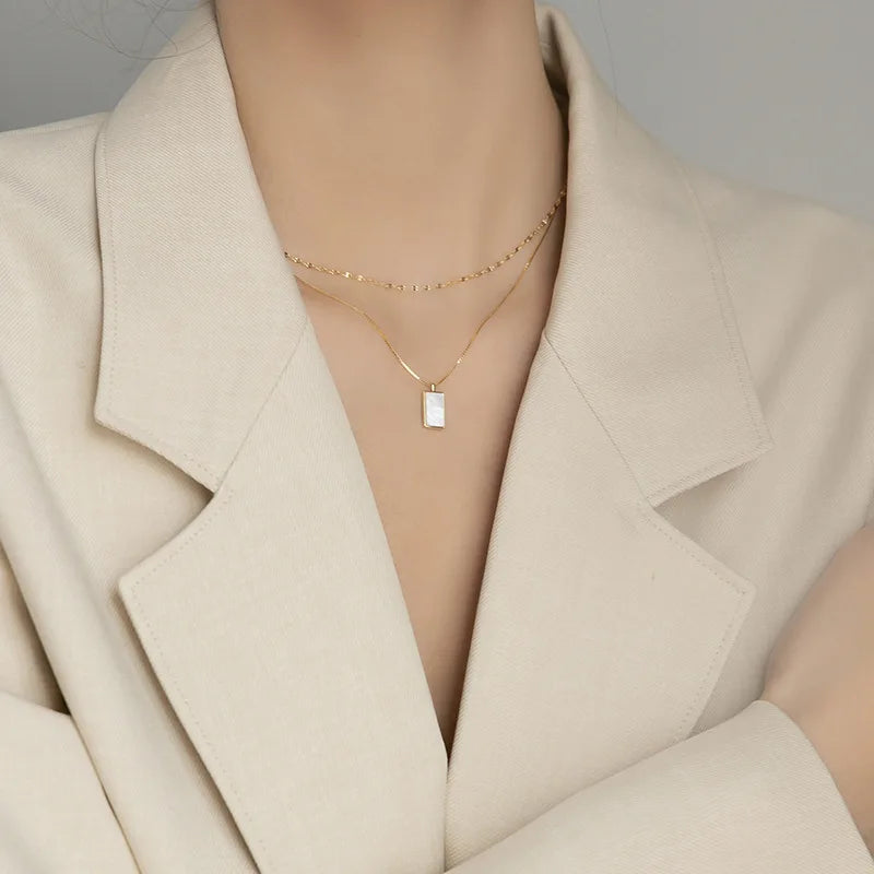 Stylish Natural Shell Square Pendant Necklace Stainless Steel Metal Layered Collar Titanium Charm Jewelry Waterproof