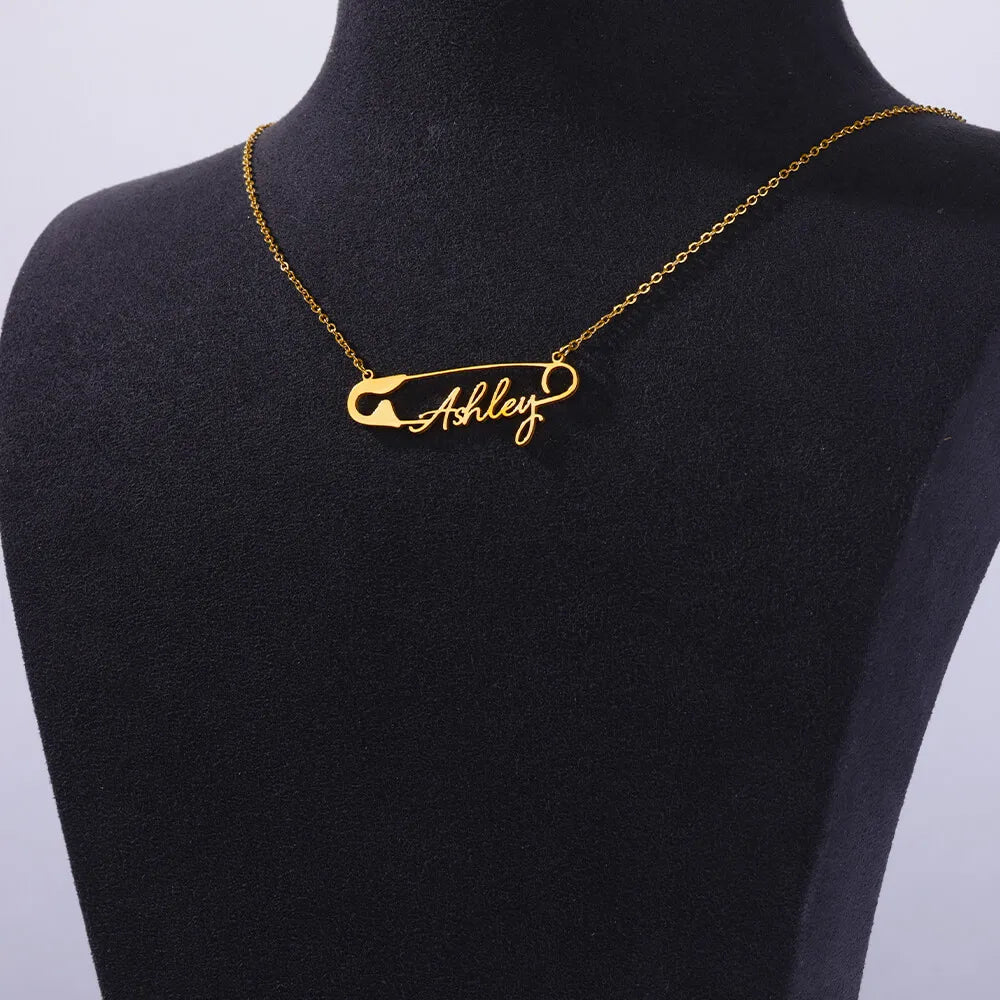 Custom Safety Pin Name Necklaces For Women Girl Stainless Steel Gold Color Personalized Pin Nameplate Pendant Necklace Jewelry