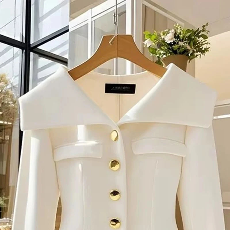 2025 Autumn Women's White Coat Waist Long Sleeve Slim Chic Short Outwear High-End Solid Color Top Clothing Office Jackets Ladies