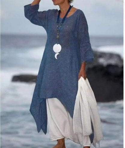 Women Irregular Leisure Loose Fitting Linen Shirt Tunic Pullover Blouse Baggy Tops Round Neck Comfy Dress