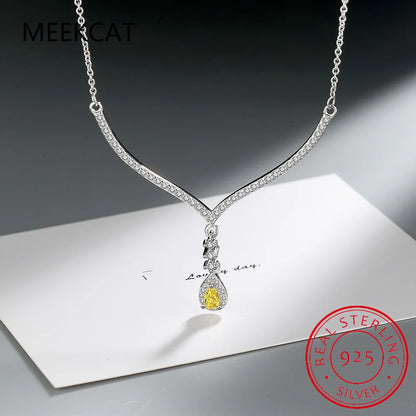 925 Sterling Silver Pear Cut Created Moissanite Diamond Gemstone Wedding V Shape Water Drop Pendent Necklace Fine Jewelry Choker