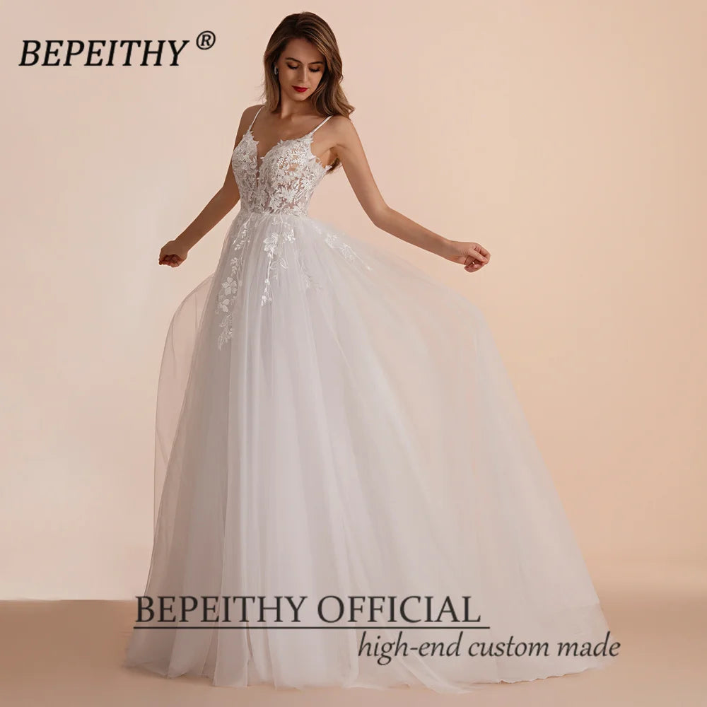 BEPEITHY Customized Boho Ivory A Line Lace Wedding Dresses For Bride Women 2023 Floor Length Sexy Garden White Bridal Gown New