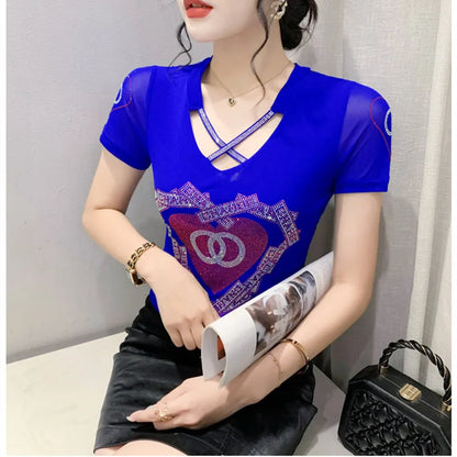 Fashion T-shirt  Diamonds Letter Rose