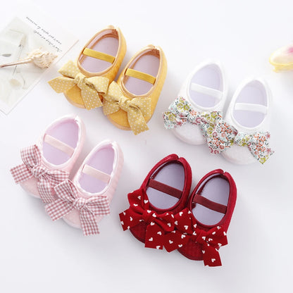 Cute Bowknot Shoes With Hairband For Baby Girls Toddler Soft Shoes Infant Toddlers Walkers Print Princess Shoe First Walkers