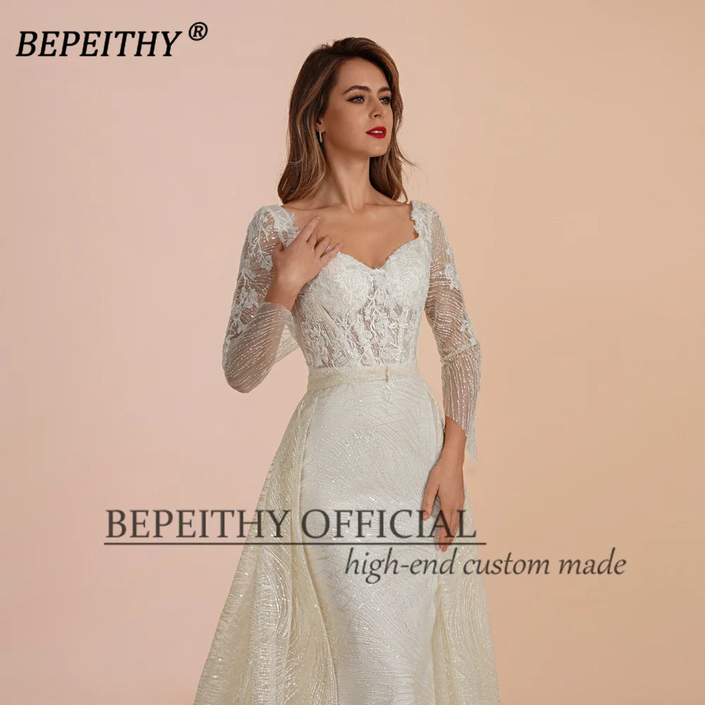 BEPEITHY Customized Lace Evening Dress Formal Occassion With Full Sleeves For Women Square Court Train Party Gown 2023 Hot Sale