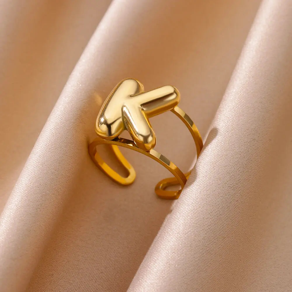 Initials Letter Rings for Women Stainless Steel Gold Color Opening Ring Waterproof Alphabet Letters Band Couple Wedding Jewelry