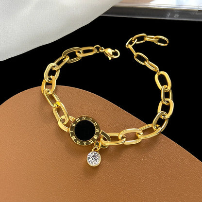 316L Stainless Steel New Fashion Upscale Jewelry Black Shell Round Roman Numerals Zircon Charm Thick Chain Bracelets For Women