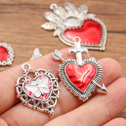 5Pcs Mix Size Wholesale Alloy Metal Drop Oil Red Heart Charm Red Color Pendant For Enamel DIY Bracelet Necklace Jewelry Making