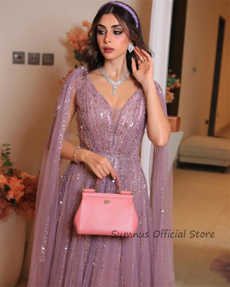 SUMNUS Shiny Mermaid Evening Dresses For Wedding Party Cape Sleeves Long Luxury Sequined Arabic Formal Prom Dress Dubai Gowns