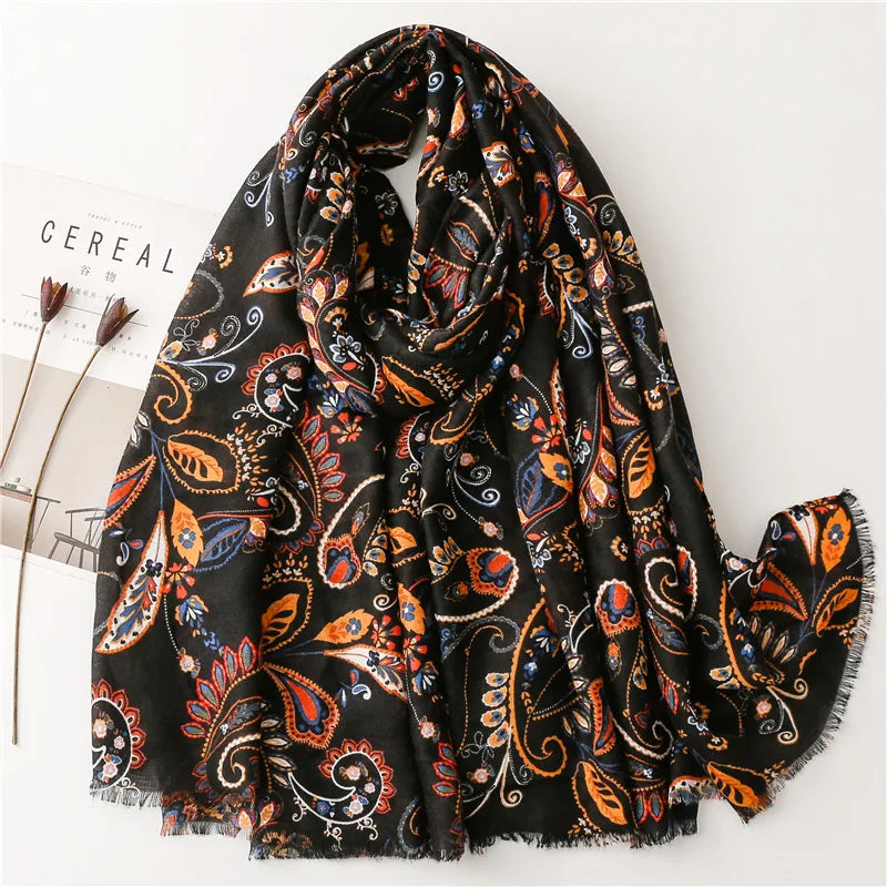 2023 Fashion Spring Autumn Viscose Scarf Shawl Black Cashew Prints Beach Shawl Pashmina Stole Wrap Echarpe Foulards Muslim Hijab