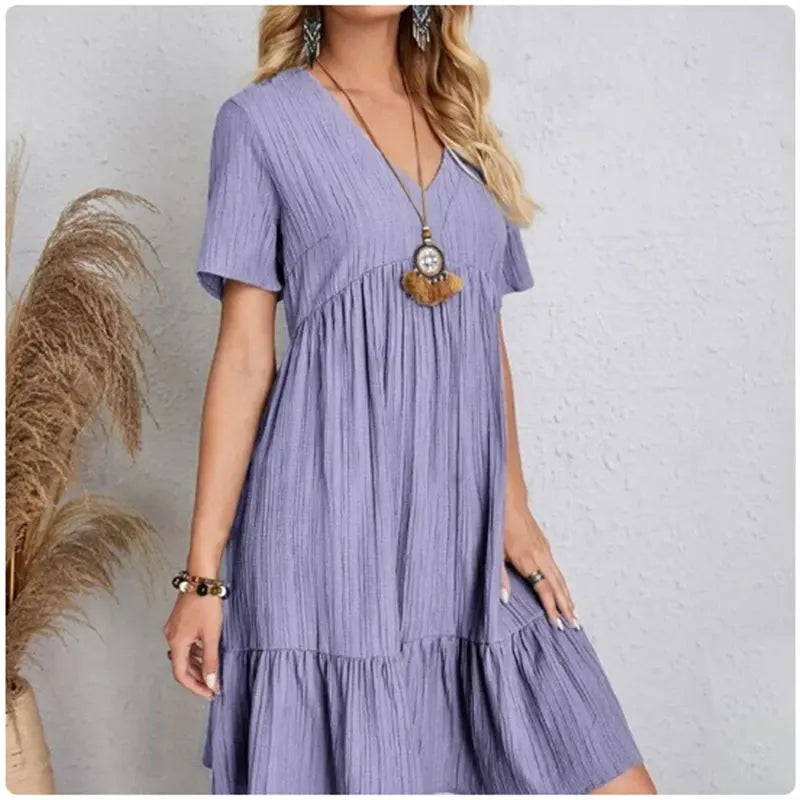 Women Summer Peplum Dresses Spring V-Neck Short Sleeve Loose Waist Ruffle Fit Flare Vocation Dresses