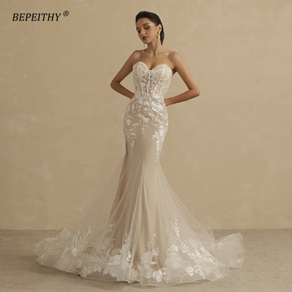 BEPEITHY Customized Sweetheart Mermaid Wedding Dress For Women Ivory Lace Sleeveless Trumpet Vintage Bride 2022 Bridal Gown New