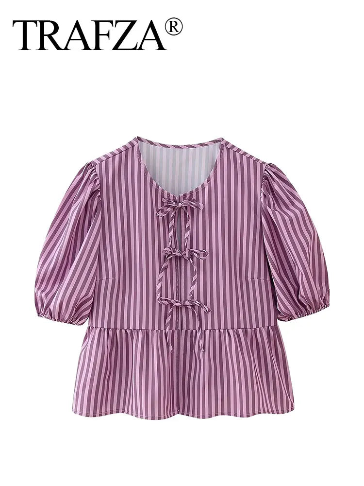 TRAFZA Women Elegant Stripe Bow Lace Up Blouse 2024 Fashion Short Sleeve Loose Shirt Female Spring Summer Vintage Chic Tops