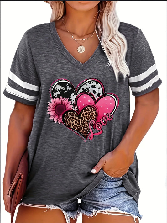 2024 Plus Size Spring/Summer New Love Print Casual Fashion Women's V-Neck Short-Sleeved Loose T-Shirt 5XL  6XL