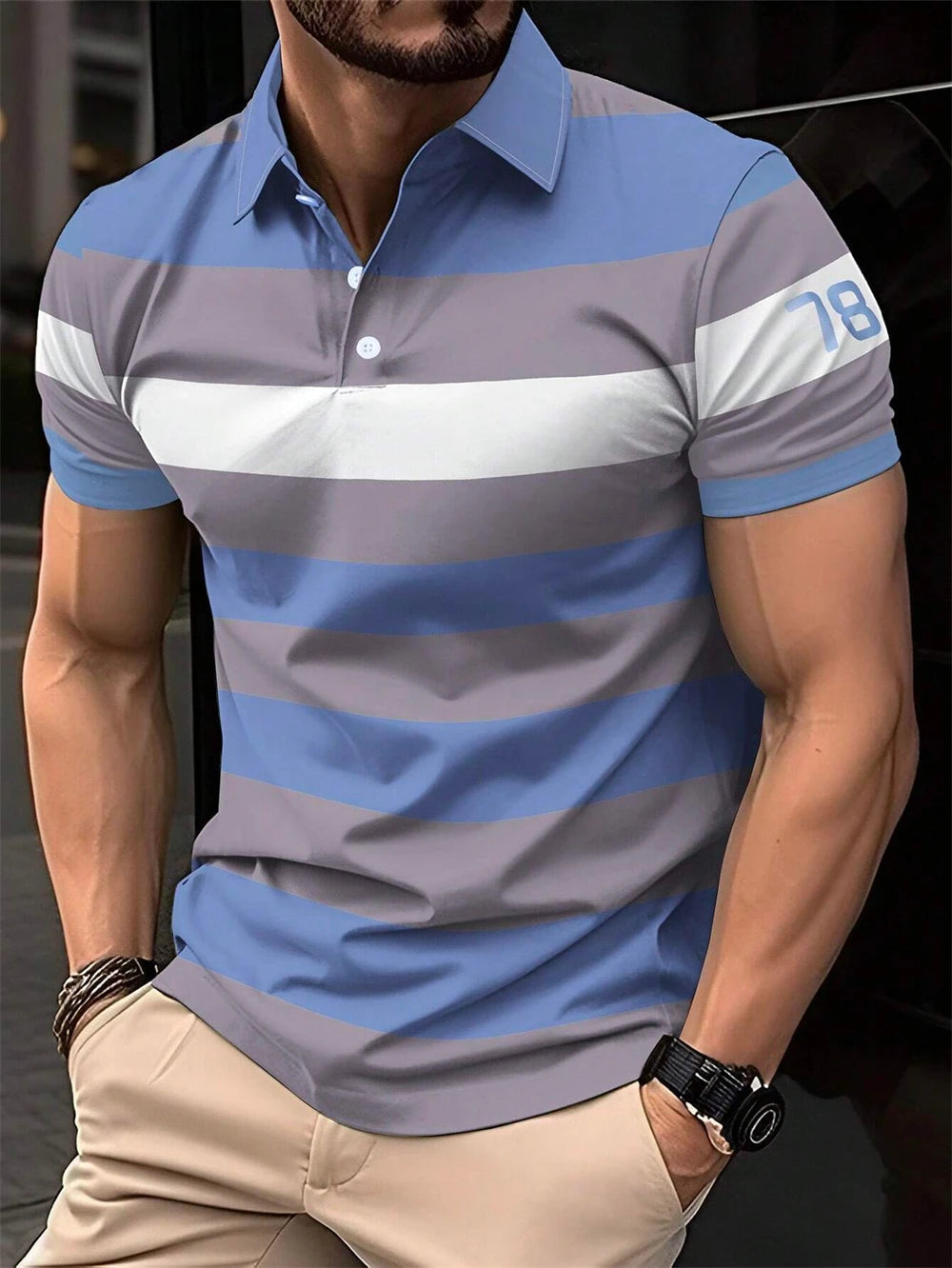 2024 New Men's Minimalist Striped Summer Short Sleeved Lapel 3D Digital Printed Polo Shirt for Men's Business and Leisure Tops