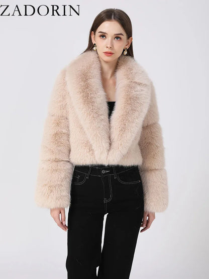 ZADORIN Luxury Designer Clothing Women Cropped Black Faux Fox Fur Coat Women Long Sleeve Fluffy Faux Fur Jacket Winter Fur Coats