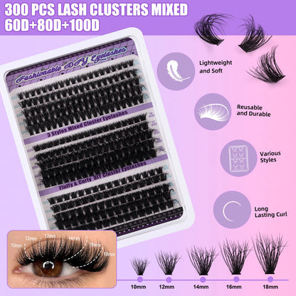 270pcs Fluffy volume False Eyelashes bond and seal lash remover kit Individual cluster 60D 80D 100D natural Eyelash extensions