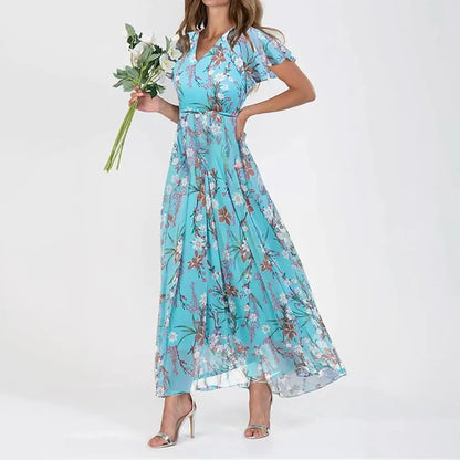 Beach Holiday Chiffon Midi Dress Women Fashion V-neck Short Sleeve Dresses For Women 2024 Summer Floral Print Long Dress Ladies