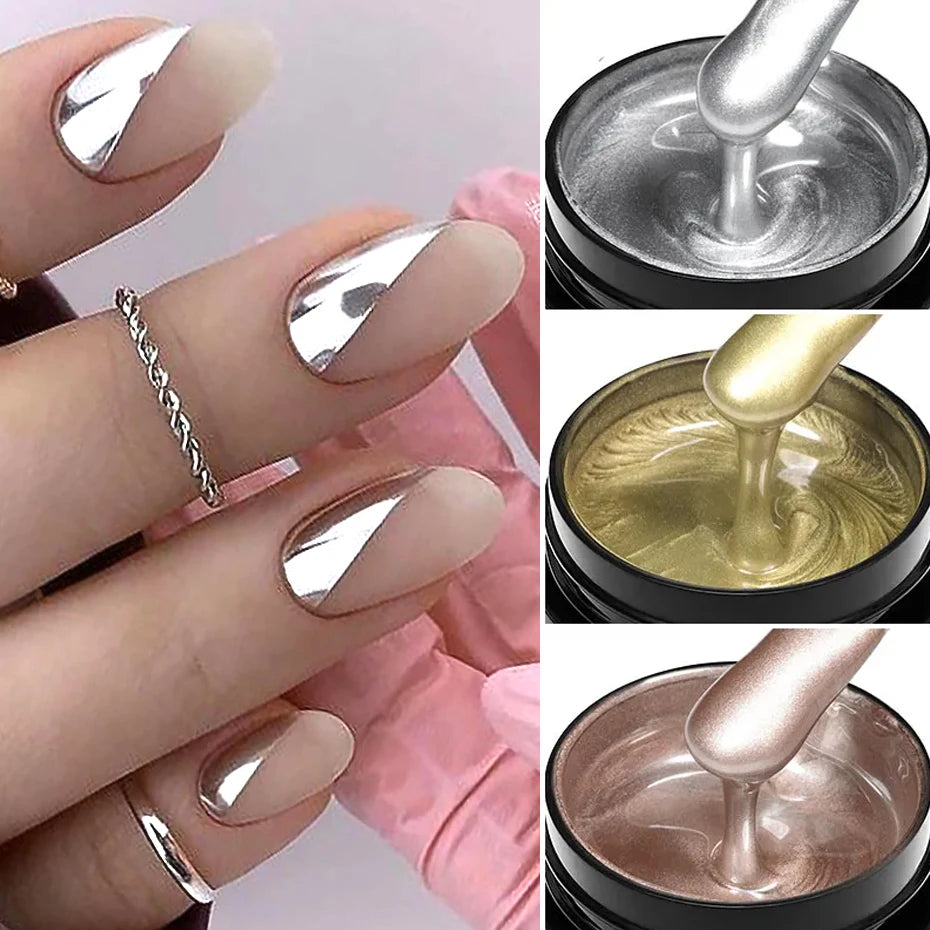 Metallic Painting Gel Chrome Gold Silver Rose Gold Mirror Effect Nail Polish Super Bright Drawing Line French Nail Art Varnish