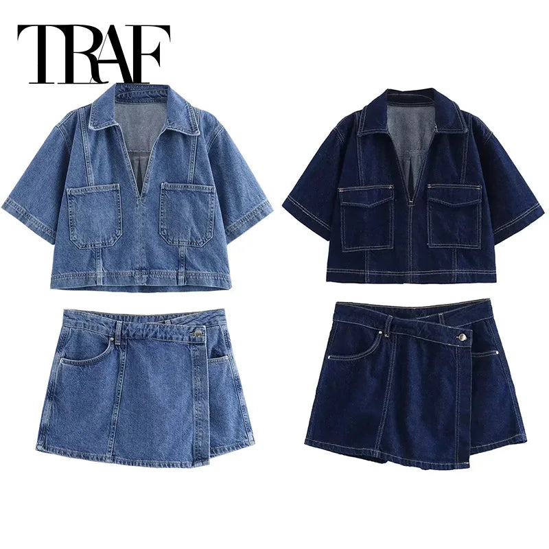 TRAF Blue Denim Shirt Woman Short Sleeve Cropped Shirt Women Summer Short Tops Woman Streetwear Y2k Stylish Women's Blouse