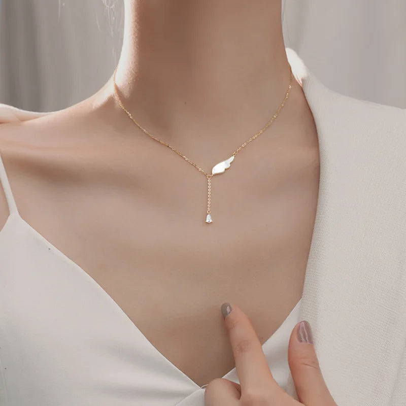 Real 925 Sterling Silver Crystal Shell Angle Wing Charm Pendant Necklace For Women Wedding Party Jewelry Gift Choker Collar