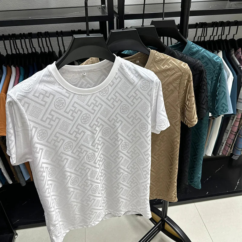 Men's 2024 Summer New Luxury Brand Designer Printed Ice Silk Casual O-neck T-Shirt Street Fashion Traceless Breathable Men's Top