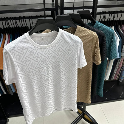 Men's 2024 Summer New Luxury Brand Designer Printed Ice Silk Casual O-neck T-Shirt Street Fashion Traceless Breathable Men's Top