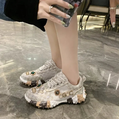 Women's Luxury Sneakers Spring Autumn Rhinestone Ladies Shoes 2024 Designer Mesh Shoes New Thick-soled Casual Shoes