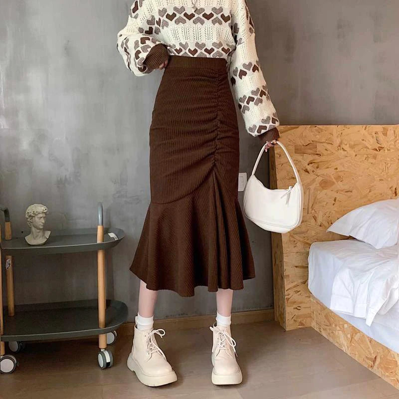 Lucyever Fashion High Waist Midi Skirts for Women 2023 Spring Slim Fit  Hip Mermaid Skirt Woman Korean Ruffles Brown Skirts 2XL