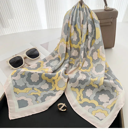 2023 Charming Women Multifunction Polyester Silk Scarf Luxury Flower Prints Satin Small Square Wraps Head Scarves hijab 70x70cm