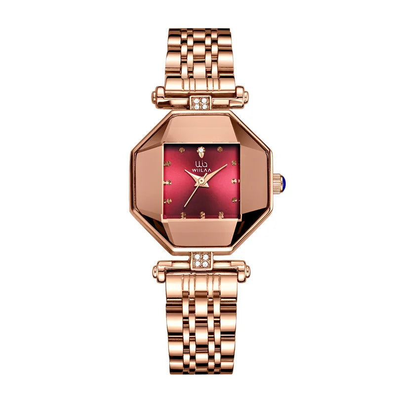 Rose Gold Creative Dial Creative Design Stainless Steel Women Wrist Watches For Ladies Watches Female CLock Red Dial Rhinestone