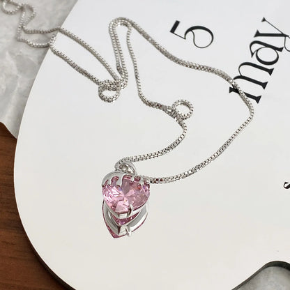 925 Solid Sterling Silver Pink Melted Heart Pendant Necklace for Women Platinum Plated Valentine's Day Gift BSN322