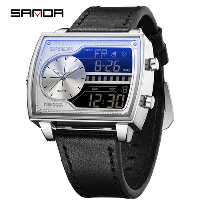 SANDA 6163 Fashion Trend Men's Quartz Watch Fashion Square Watch Countdown Sports Waterproof Dual Display Digital Men's Watches