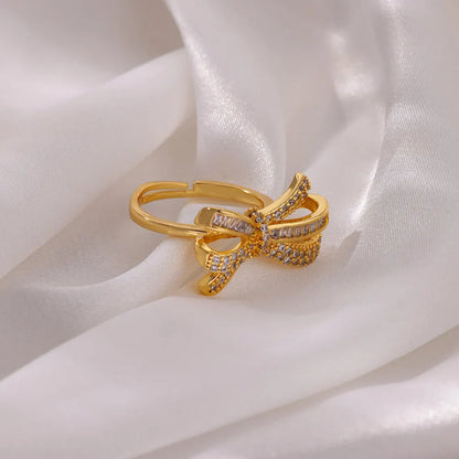 Classic Zircon Bow Open Rings For Women Stainless Steel Gold Color Trendy Wedding Aesthetic Ring Designer Delicate Jewelry Gift