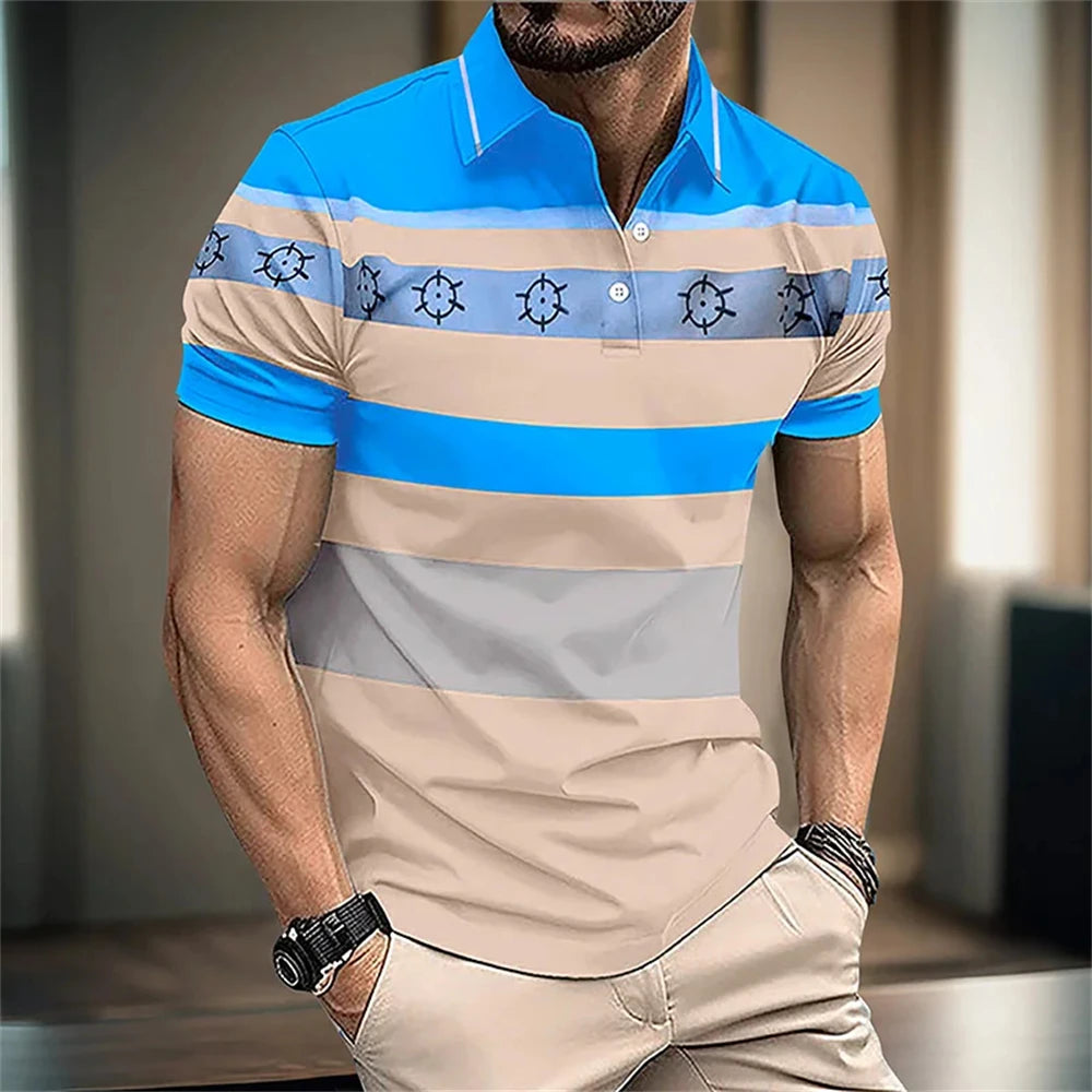 2024 New Men's Minimalist Striped Summer Short Sleeved Lapel 3D Digital Printed Polo Shirt for Men's Business and Leisure Tops