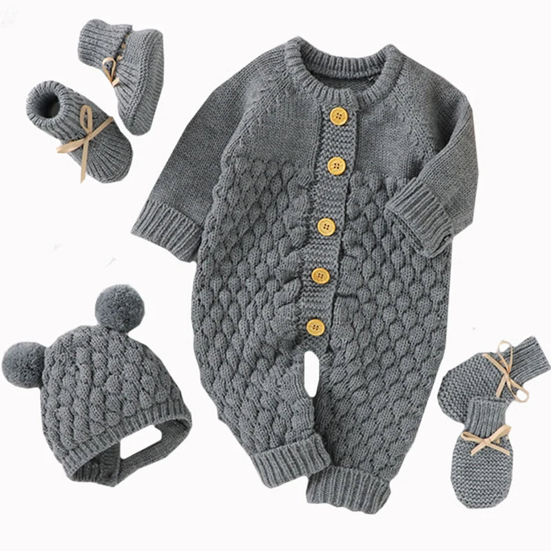 Winter Warm Knitted Baby Rompers & Shoes + Gloves