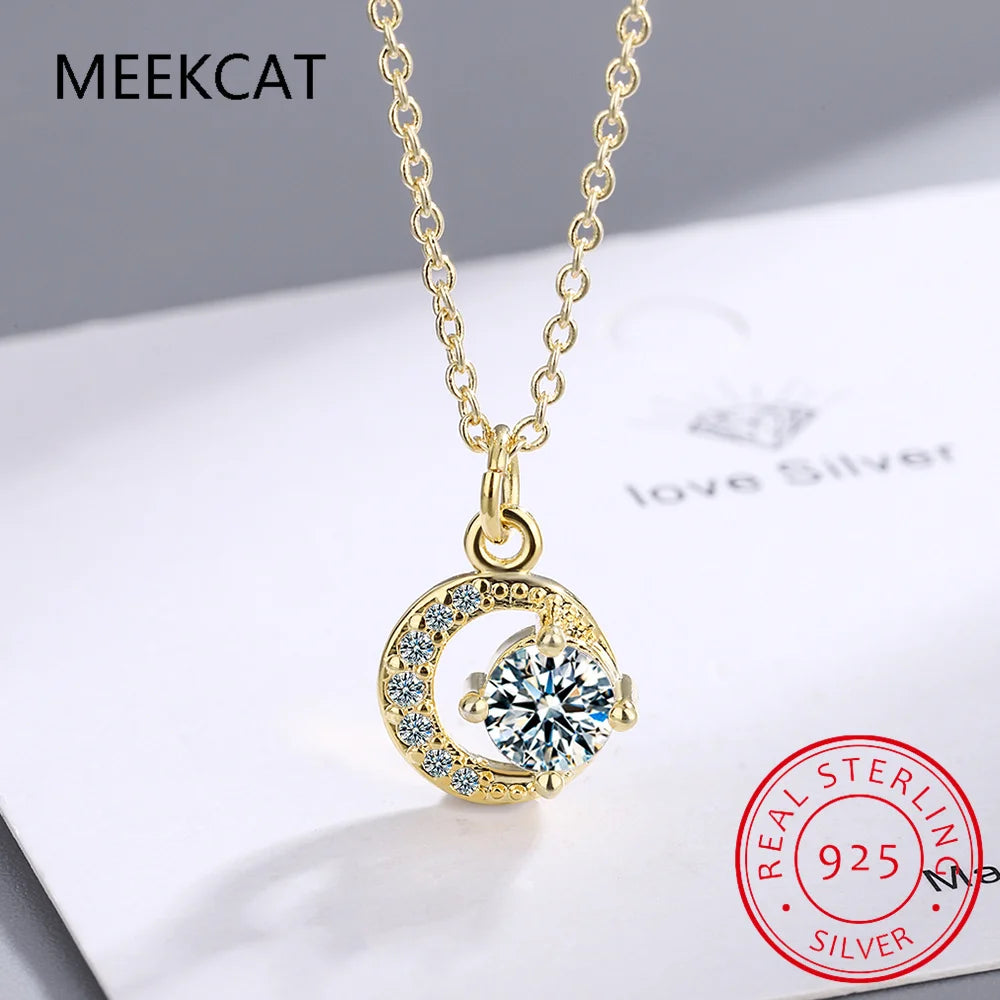 100% S925 Sterling Silver Moissanite Necklace Women Small Fresh Round Shape Diamond Personality Moon Clavicle Pendant