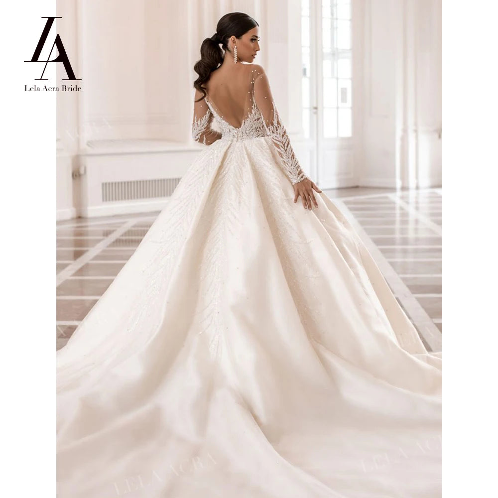 LelaAcra Long Sleeve Wedding Dress 2024 Sweetheart Beaded Backless A-Line Princess Bride Gown SM72 Plus Size Vestido de Noiva