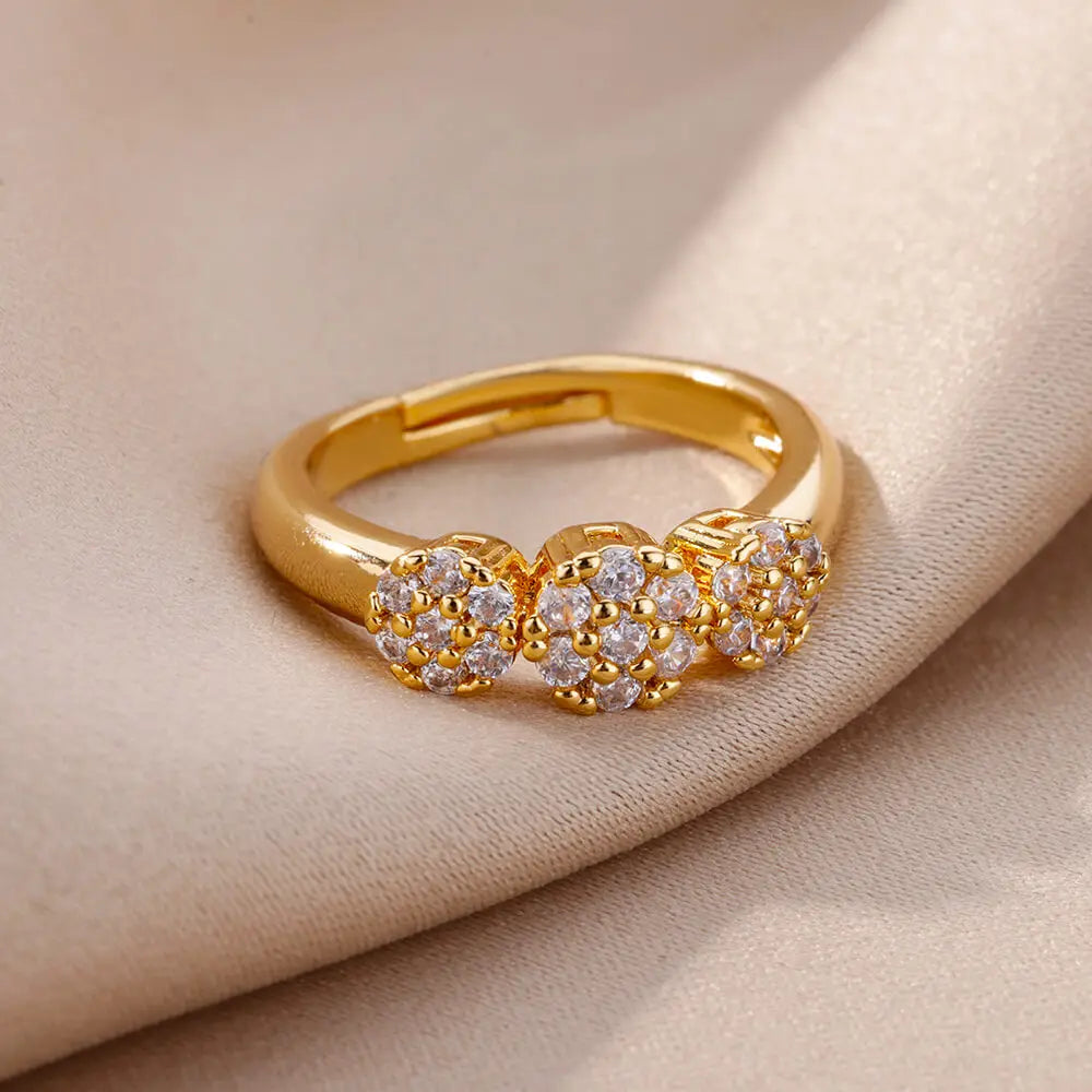 Zircon Flower Shaped Rings For Women Stainless Steel Open Ring Fashion Korean New Wedding Jewerly Gift