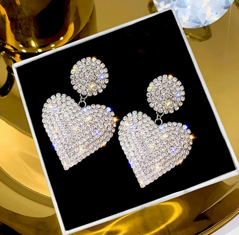 LATS New Heart Earrings Women's Luxurious Geometric Full Rhinestone Earrings Korean Gold Color Love 2020 Fashion Jewelry