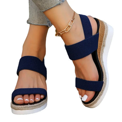 Women's Shoes 2024 Hot Sale Elastic Band Women's Sandals Summer Open Toe Solid Color Wedge Beach Shoes Ladies Platform Sandals