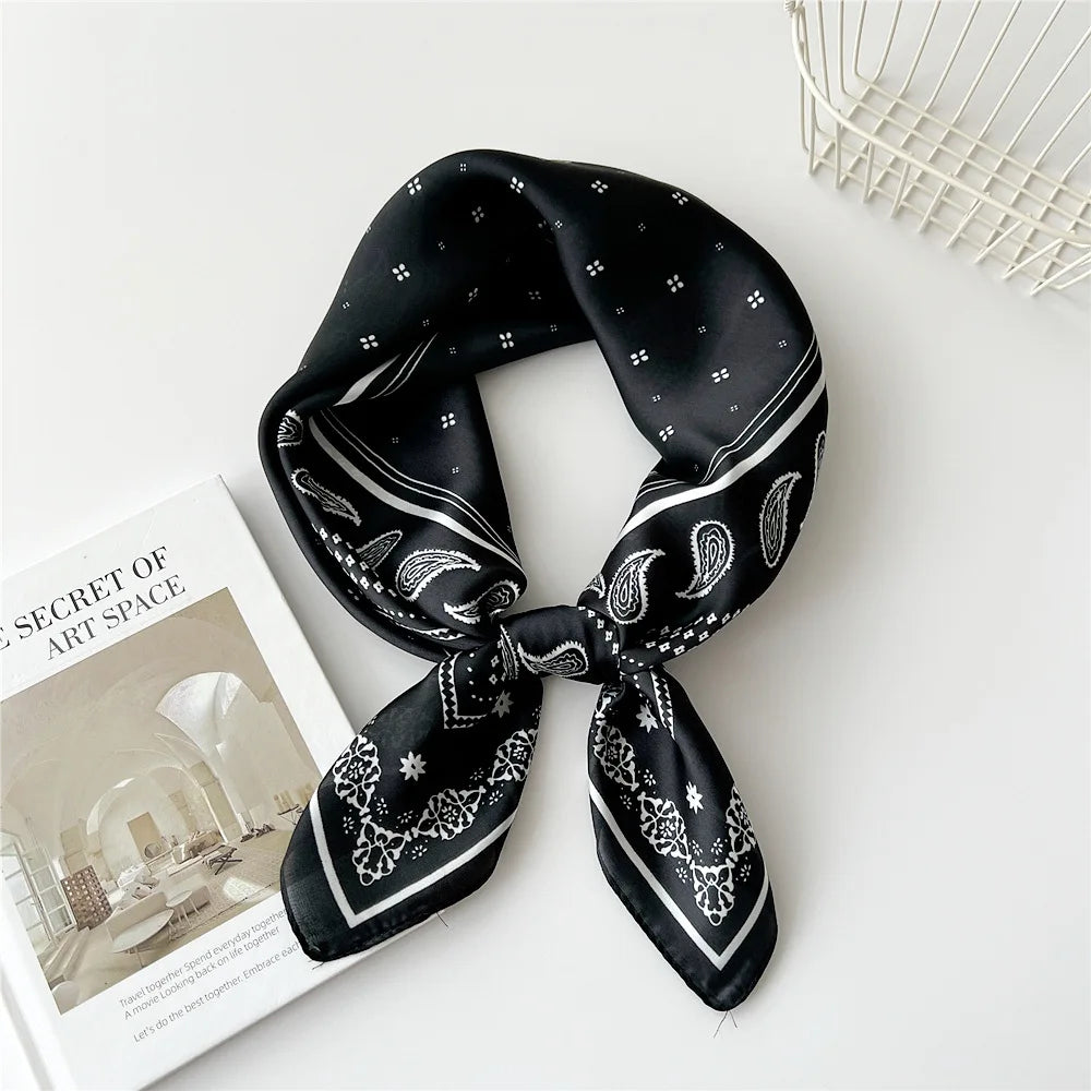 70cm New Luxury Florals Print Satin Silk Square Scarf for Women Soft Hair Bands Hijab Female Headband Foulard 2023 New