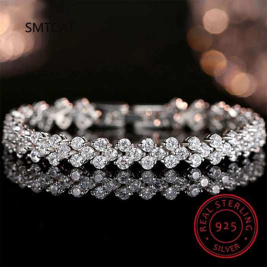 100% Solid Silver 925 Lab Diamonds Simulated Moissanite Bracelets for Women Girls Wedding Cocktail Party Fine Jewelry