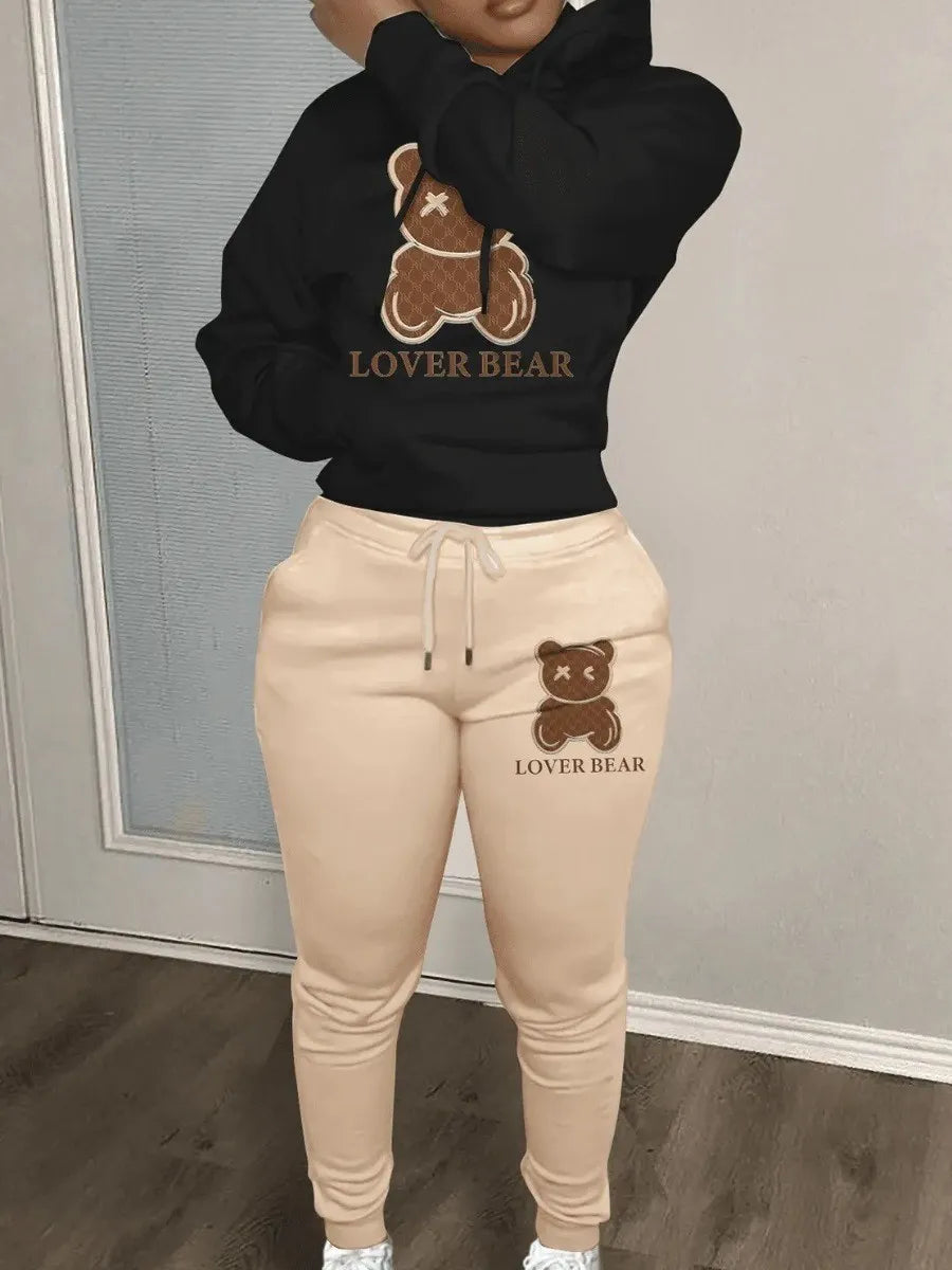 Lovely Bear Letter Print Kangaroo Pocket Tracksuit Set