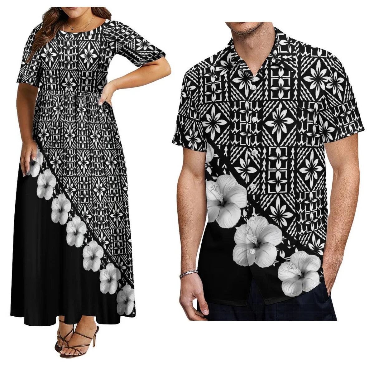 Hot-Selling Women'S Short-Sleeved Dress And Men'S Aloha Shirt Samoa Polynesian Tribe Paired With A Black Couple Outfit