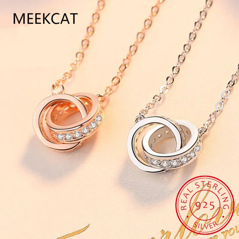 925 Sterling Silver Double Circle Interlock Pendant Necklace Double Ring Collarbone Neck Chain for Women Jewelry BSN295