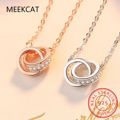 925 Sterling Silver Double Circle Interlock Pendant Necklace Double Ring Collarbone Neck Chain for Women Jewelry BSN295